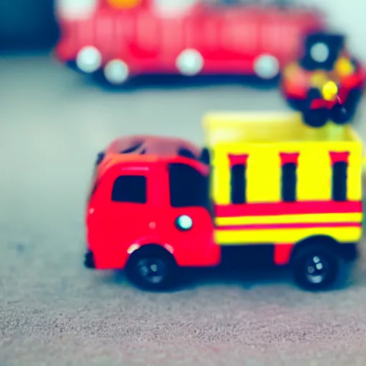 Prompt: a tiny toy fire engine with lights putting out a small fire