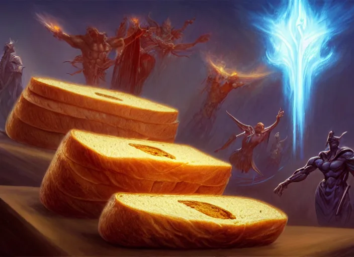 Image similar to loaves of bread bowing before a holy radiating piece of toast floating in the air, by marco bucci and frank frazetta, magic : the gathering fantasy concept art, high resolution, fantasy coloring, intricate, digital painting, artstation, smooth, sharp focus