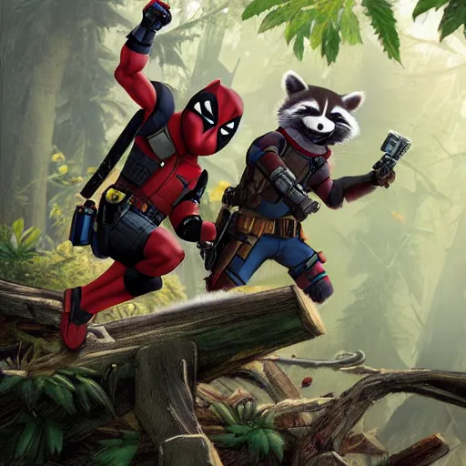 Image similar to rocket raccoon and deadpool in the woods digital art 4 k detailed super realistic