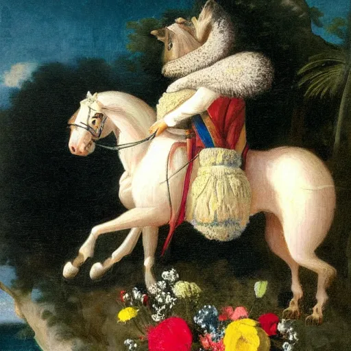 Image similar to a giant squirrel carrying napoleon bonaparte on its back, beach scene with flowers and foliage, detailed oil painting