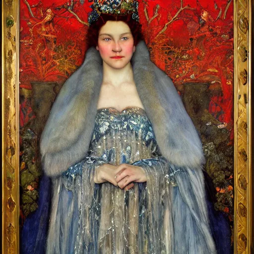 Prompt: the queen of the winter in full regalia, by Annie Swynnerton and Diego Rivera and Tino Rodriguez and Maxfield Parrish, elaborately costumed, rich color, dramatic cinematic lighting, extremely detailed