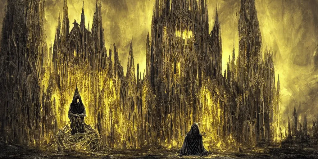 Image similar to a tall towering huge pale human wearing a yellow garment sitting upon an ornate stone throne, 4K, digital art, lovecraftian, lovecraft art, artstation, horror, dramatic, wearing a long yellow rotting garment, dark, hyperrealistic, dramatic perspective, complex (((dark))) cathedral background, dark background, highlights,