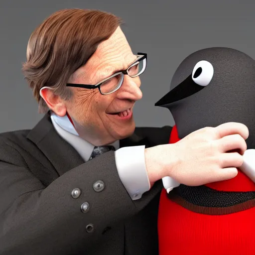 Image similar to Linux Tux strangling Bill Gates, 8k ultra HD, realistic 3D render, CGsociety, Artstation trending, CGI, choking Bill Gates, stranglehold