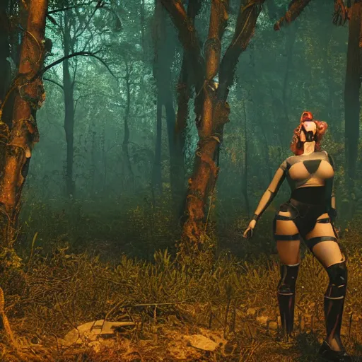 Image similar to A girl in fishnet stockings and power armor stands against the background of a radioactive forest, graphics, fallout 4 render, 3d computer render, maximum details, rain, night, spotlight,