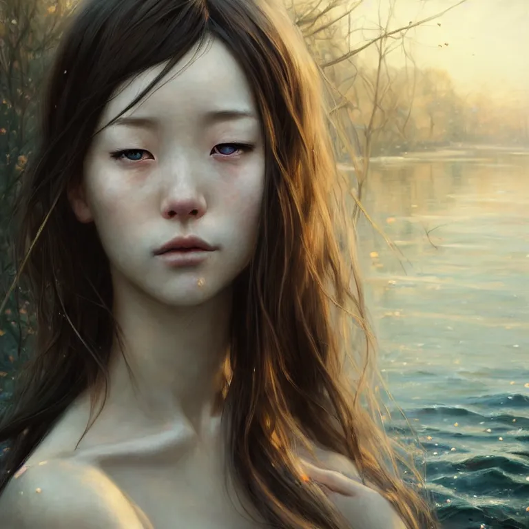 Prompt: epic cinematic portrait of a girl by the river, portrait as miho hirano, with loose white hair, shiny skin, slim figure, small details, realistic poster with three - dimensional dramatic light, artgerm, jeremy lipkin and michael garmash, unreal engine, radiant light, detailed and complex environment, digital art, trends at art station