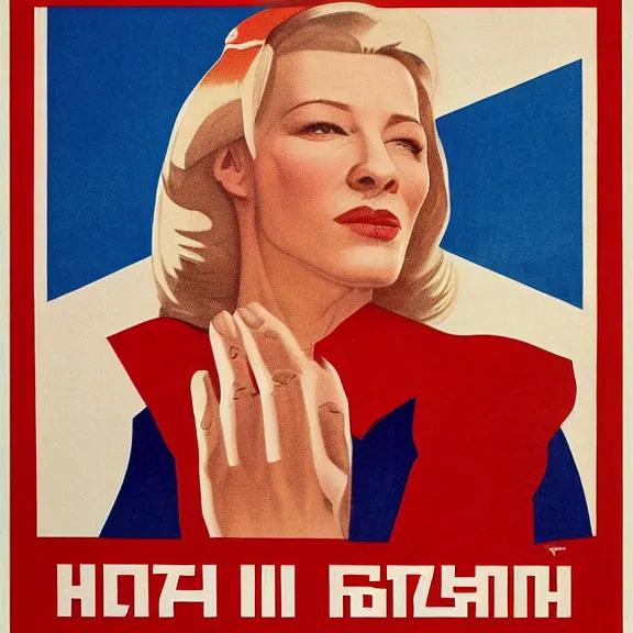 Image similar to soviet propaganda poster with cate blanchett calling on the world community to fight against Nazism, Ultra Detailed, high resolution, soviet realism