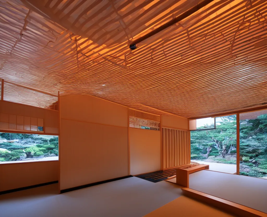 Prompt: real estate photo of the interior of a futuristic japanese house with traditional japanese garden, dramatic lighting, smoke, ceiling fluorescent lighting, black and orange colour palette, wide angle shot