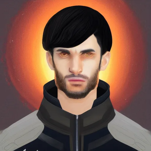 Prompt: art of a scifi trending Artstation character portrait of a man in his 30s mixture between french, turkish and russian with short black hair with bangs, wearing a beige and black jumpsuit 4K Artstation HQ