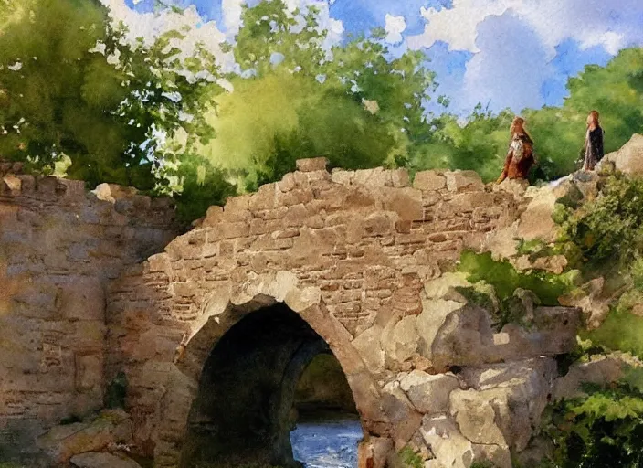 Image similar to watercolor of rustic stone bridge with mural, ivy, summer daylight, bright clear day, clouds, high detailed art by dennis miller bunker, work by anders zorn, wonderful masterpiece by greg rutkowski, beautiful cinematic light, american romanticism by greg manchess, creation by tyler edlin