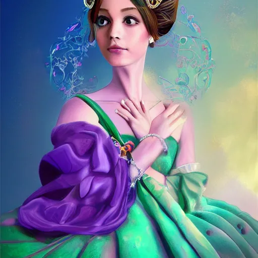 Prompt: Oil painting of a princess wearing a lavanda color dress, and a tiara with emeralds, digital art, 4k, anime style