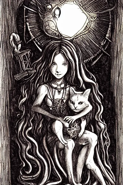 Image similar to da vinci illustration of romantic girl, her cat and her book of necronomicon, symmetrical, cinematic, sharp focus, 4 k, ultra hd, sense of awe, sinister demonic atmosphere, dreadful, forbidden knowledge, old gods, cthulhu, yog - sothoth! yah, yah, yah! cultist journal cover