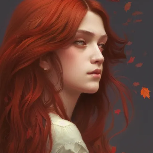 Image similar to girl with super long hair, hair becoming autumn red leaves, intricate, highly detailed, digital painting, artstation, concept art, smooth, sharp focus, illustration, unreal engine 5, 8 k, art by artgerm and greg rutkowski and alphonse mucha