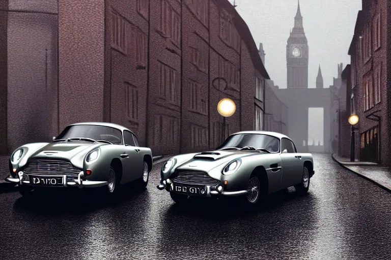 Image similar to a wholesome animation key shot of one focused aston martin db 5, parked on a side of a wet london street, raining, medium range, studio ghibli, pixar and disney animation, sharp, very detailed, octane render, 4 k, high resolution, anime key art by greg rutkowski, dull diffused side lighting