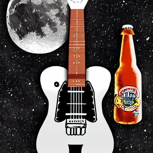 Prompt: detailed realistic idle regular sized electric guitar and a detailed realistic idle regular sized beer can on the moon surface. detailed photo