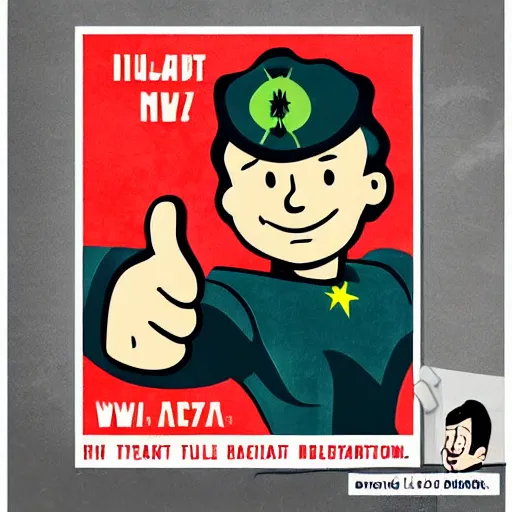 Prompt: fallout 4 vault boy thumbs up, nuclear war, soviet era propaganda poster, illustration