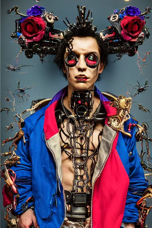 Prompt: full-body cyberpunk style sculpture of a young handsome Latino prince half android with a chest opening exposing circuitry and electric sparks, glowing red eyes, crown of blue roses, flowing magenta-colored silk, fabric, snakes. baroque elements, human skull. full-length view. baroque element. intricate artwork by caravaggio. many many birds birds on background. Trending on artstation, octane render, cinematic lighting from the right, hyper realism, octane render, 8k, depth of field, 3D