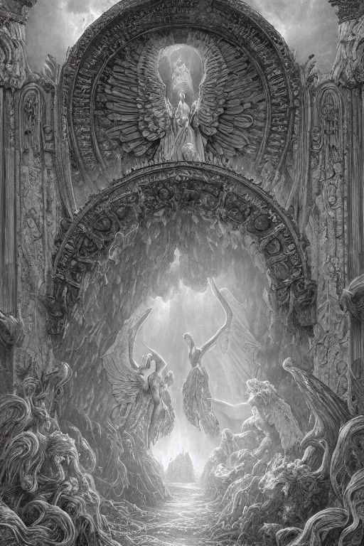 Image similar to two angels guarding the beautifully ornamented gates of hell in the style of gustave dore, epic, masterpiece, photorealistic, gustave dore, soey milk, john martin, peter mohrbacher, james gurney, trending on artstation