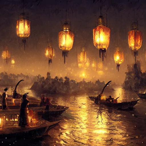 Image similar to concept art, river lanterns on the eve of ullambana festival, high resolution, by james gurney, greg rutkowski, fujishima takeji, hiroshi yoshida, artstation