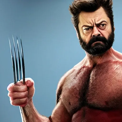 Prompt: logan wolverine pictured as nick offerman with 3 identical claws released off his wrist, photorealistic marvel movie still, detailed, 8 k, digital art