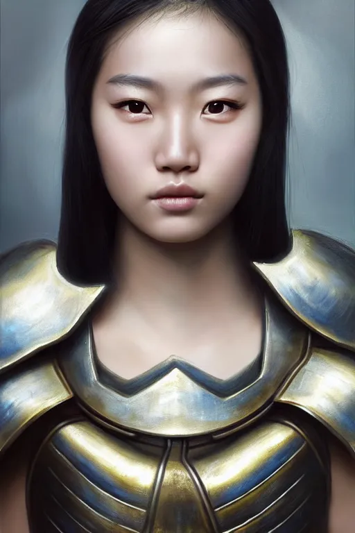 Image similar to a photorealistically painted portrait of an attractive young asian girl, partially clothed in metal-plated battle armor, with an abstractly painted background, flawless skin, fair complexion, long dark hair, beautiful bone structure, perfectly symmetric facial features, perfect photorealistic eyes, natural physique, intricate, elegant, digital painting, concept art, finely detailed, beautifully illustrated, sharp focus, minimal artifacts, volumetric lighting, from DOOM and Halo, by Ruan Jia and Mandy Jurgens and Artgerm and William-Adolphe Bouguerea, in the style of Greg Rutkowski, trending on Artstation, award winning art