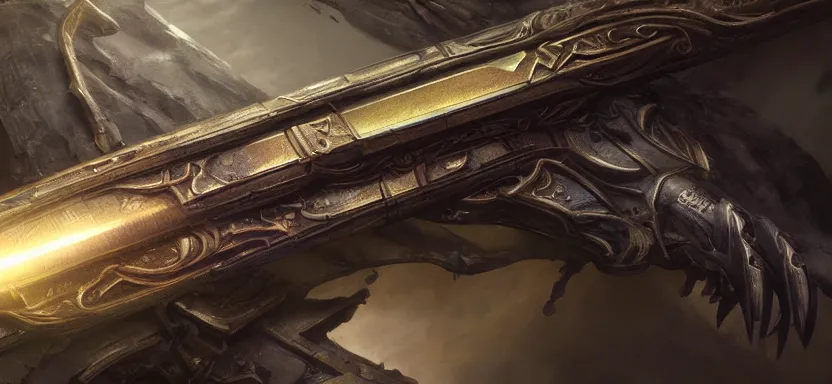 Prompt: legendary sword of cybernetic technology lying flat on a glowing table with a long sharp black and iridescent sword blade, digital award winning hd matte painting, intimate dark moody, intricate, ornate spikes, colorful hilt, detailed realistic, raytraced blade, colored gems, golden pommel, in the style of greg rutkowski and krenz cushart, deviantart