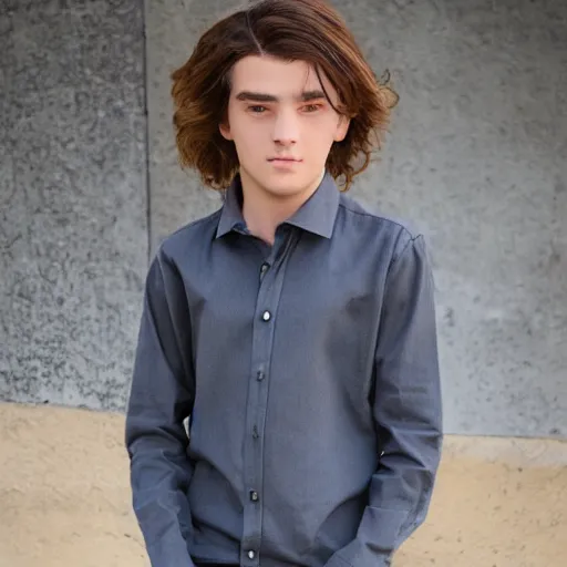 Image similar to long sleeved shirt on teenage boy with long hair