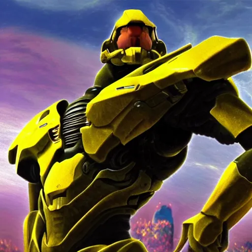 Image similar to a cg painting of the prophet of truth from halo in the bee movie