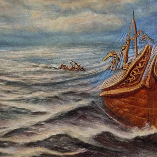 Prompt: viking longship in the sea, norse, history, wood, oil painting