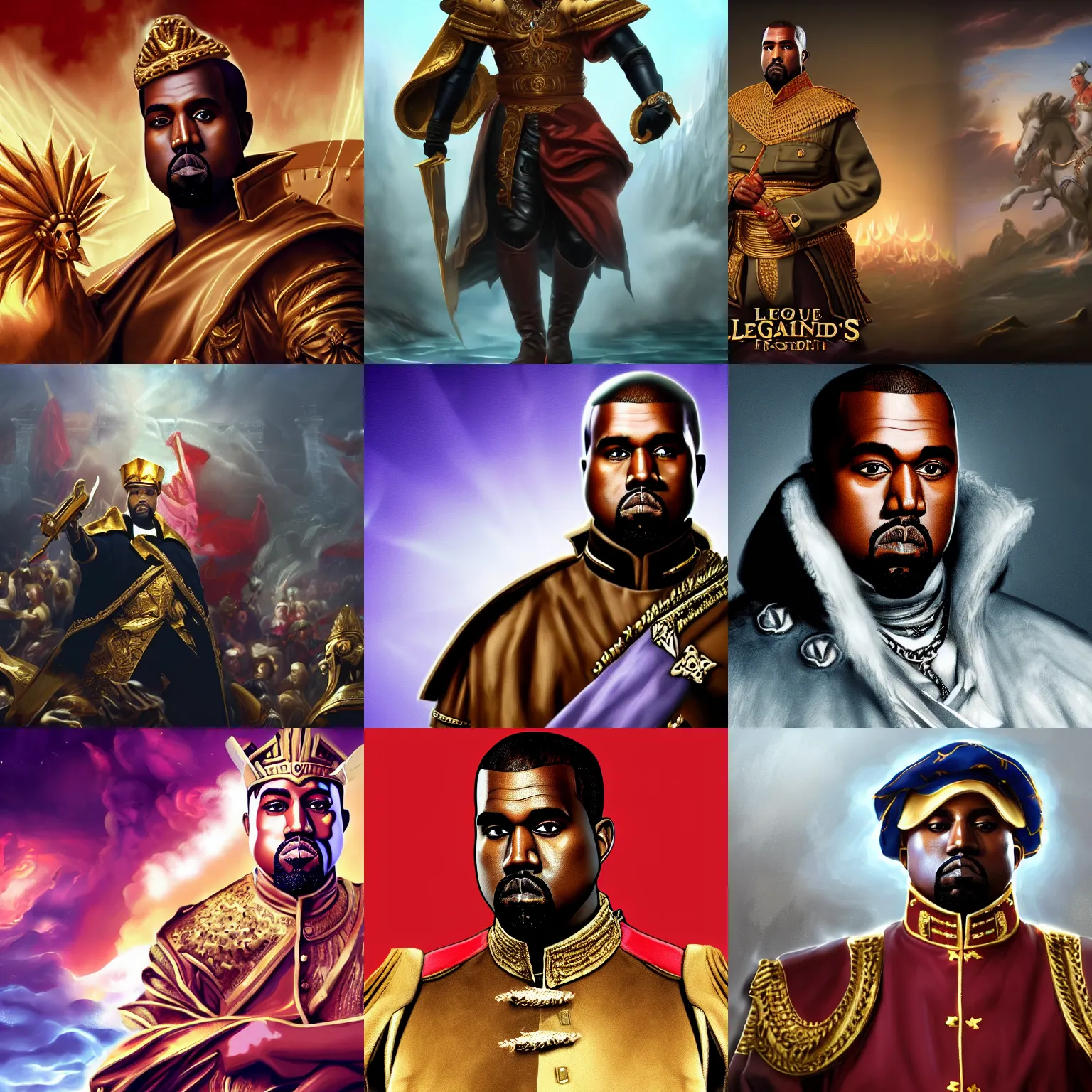 Prompt: Kanye West as emperor napoleon, League of Legends amazing splashscreen artwork, splash art, hd wallpaper, ultra high details, artstation, no text