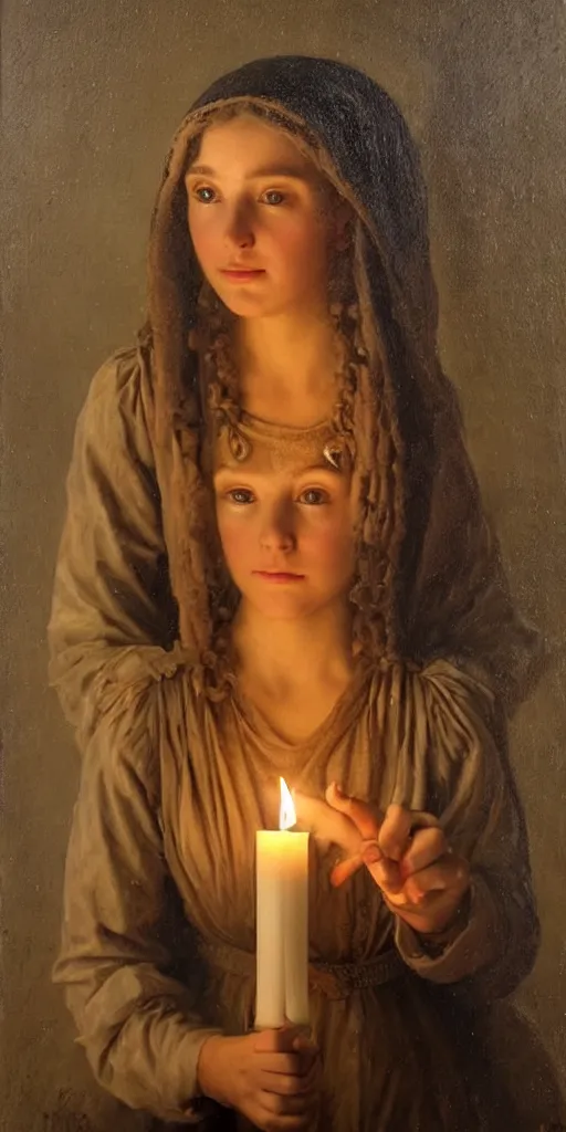 Image similar to Highly detailed and cinematic romantic period oil painting of a medieval peasant girl holding a candle, strong atmosphere, oil painting masterpiece by Josep Tapiró Baró, symmetry, fractals