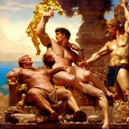 Image similar to down syndrome ares and hercules hit dabs in front of zeus the ruler of olympus, heavenly marble, ambrosia served on golden platters, painting by gaston bussiere, craig mullins, j. c. leyendecker, tom of finland