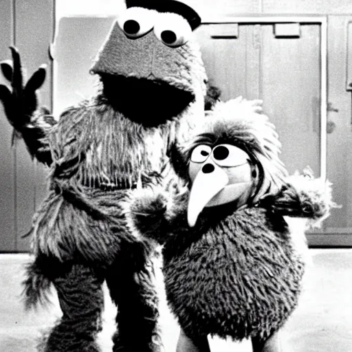 Prompt: 1979 photo of big-bird in a knife fight with cookie-monster on the set of sesame-street