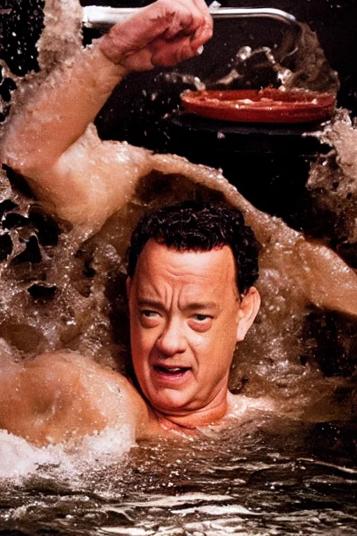 Image similar to tom hanks swimming in a bath tub of baked beans, realistic, moody grindhouse, dark