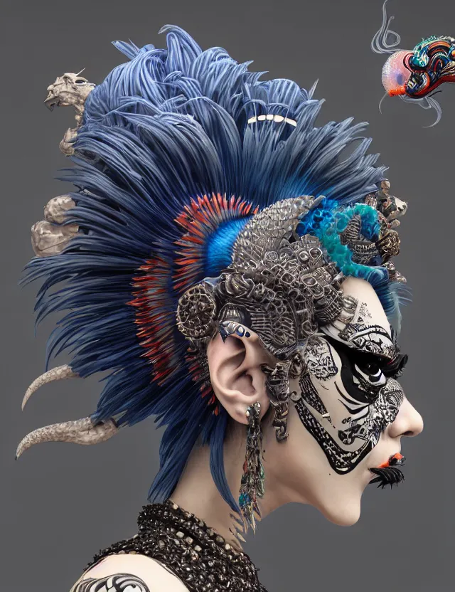 Image similar to 3 d goddess close - up profile portrait punk with mohawk with ram skull. beautiful intricately detailed japanese crow kitsune mask and clasical japanese kimono. betta fish, jellyfish phoenix, bio luminescent, plasma, ice, water, wind, creature, artwork by tooth wu and wlop and beeple and greg rutkowski