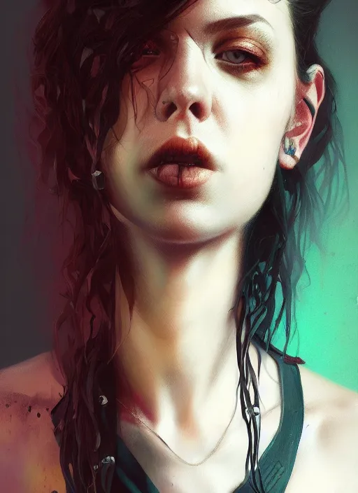 Prompt: a detailed painted portrait of an 9 0's era female grunge musician by artist hadi karimi, wlop, artgerm, greg rutkowski, confident expression, dramatic lowkey studio lighting, accurate skin textures, hyperrealism, cgsociety, aesthetically pleasing and harmonious vintage colors