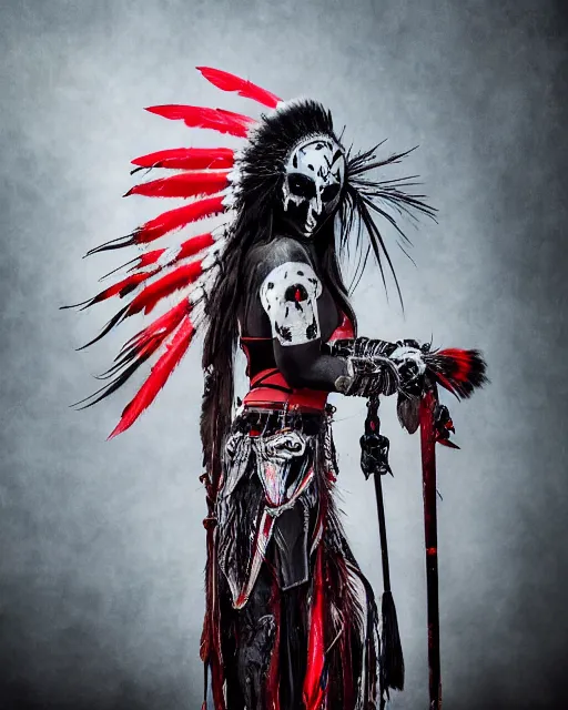 Image similar to the ghost - spirit of the grim - warpaint wears the scarlet skull armor and native blood headdress feathers, midnight fog - mist!, dark oil painting colors, realism, cinematic lighting, various refining methods, micro macro autofocus, ultra definition, award winning photo, photograph by jamie salmon