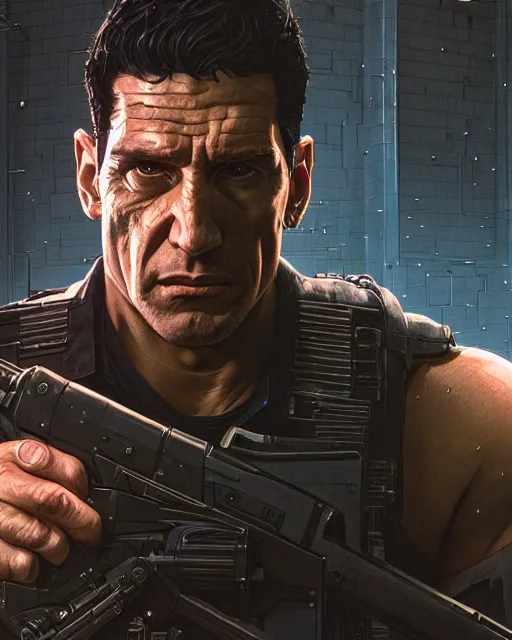 Image similar to highly detailed vfx portrait of the punisher as terminator, stephen bliss, unreal engine, greg rutkowski, loish, rhads, beeple, makoto shinkai and lois van baarle, ilya kuvshinov, rossdraws, tom bagshaw, alphonse mucha, global illumination, detailed and intricate environment