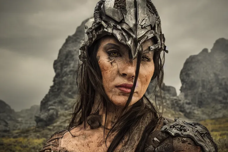 Image similar to portrait of beautiful armored orc woman, rocky terrain by Emmanuel Lubezki