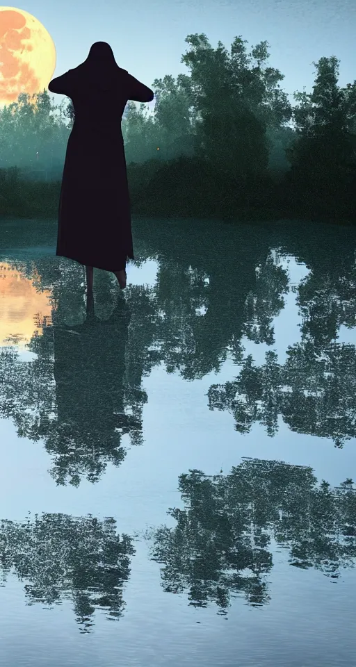 Prompt: a robed figure standing at the side of a dark lake, looking at the reflection of the moon in the water realistic, colorful, highly detailed, unreal engine