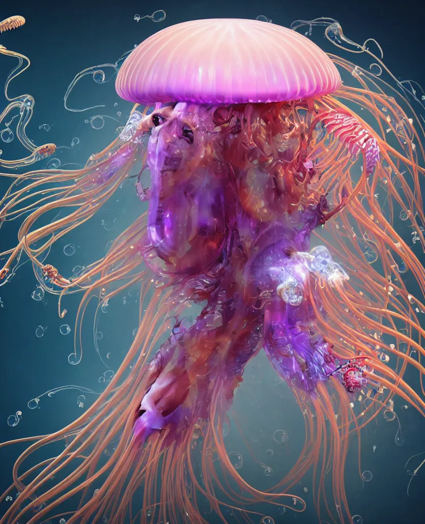 Image similar to close-up portrait of the face of a beautiful princess in a twisted flowers jellyfish mask in a spaceman suit surrounded by energy flow, epic angle and pose, symmetrical artwork, 3d with depth of field, blurred background, floating jellyfish skull phoenix bird, translucent, nautilus, energy flows of water and fire. a highly detailed epic cinematic concept art CG render. made in Maya, Blender and Photoshop, octane render, excellent composition, cinematic dystopian brutalist atmosphere, dynamic dramatic cinematic lighting, aesthetic, very inspirational, arthouse. y Greg Rutkowski, Ilya Kuvshinov, WLOP, Stanley Artgerm Lau, Ruan Jia and Fenghua Zhong