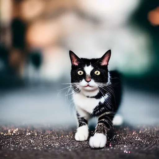 Prompt: a photo of a cat in a cloud of glitter, f 1. 4