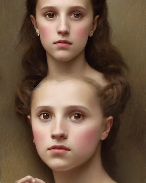 Image similar to a portrait painting of a shy, blushing 1 6 - year old alicia vikander or millie bobby brown as a princess with mouth open in awe, wearing tons of opal jewelry, intricate, elegant, highly detailed, artstation, concept art, by krenz cushart and donato giancola and william adolph bouguereau and alphonse mucha