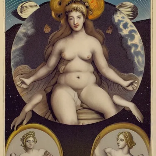 Image similar to the print shows venus seated on a crescent moon. she is surrounded by the goddesses ceres and bacchus, who are both holding cornucopias. pale by nagel patrick, by marco mazzoni, by miriam schapiro apocalyptic, rendered in unrealengine