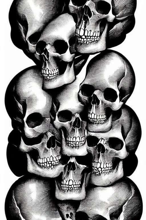 Image similar to stack of ancient books and skulls, art by m c escher, surreal black ink sketch, black and white, vector, vector art