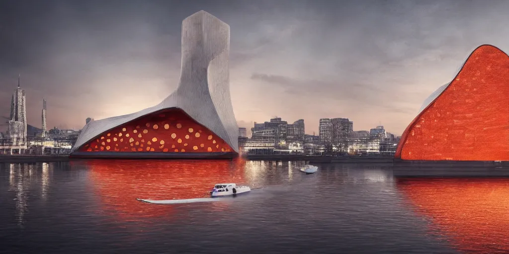 Image similar to An epic architectural rendering of a blob shaped trypophobia house with a mysterious red glow emitting from inside in a modern cityscape next to a river, hamburg elbphilharmonie, stunning, gorgeous, golden ratio, photorealistic, featured on artstation, 4k resolution