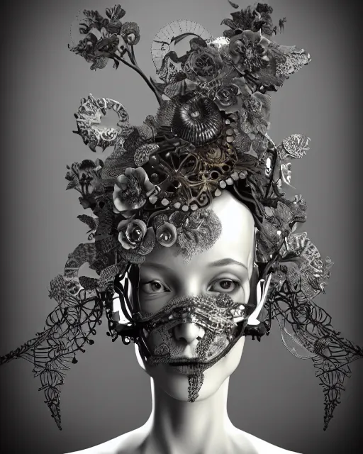 Image similar to monochrome 3 d model, 1 8 7 0 picture, silver mesh floral steampunk biomechanical beautiful young female cyborg with porcelain profile face and a techno eye, volumetric light, leaves foliage and stems, hibiscus flowers, sinuous fine roots, fine foliage lace, alexander mcqueen, rim light, big gothic fashion pearl embroidered collar, octane render, 8 k