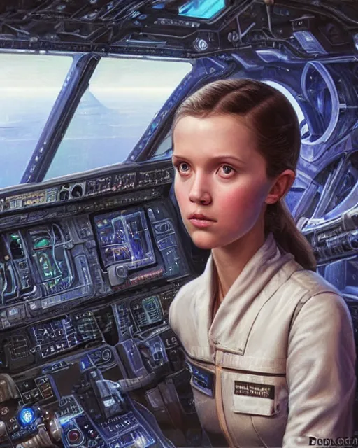 Prompt: a realistic oil painting of a girl resembling alicia vikander or millie bobby brown in a futuristic mechanical spaceship cockpit, highly detailed, intricate, concept art, artstation, by donato giancola, ron cobb, and artgerm