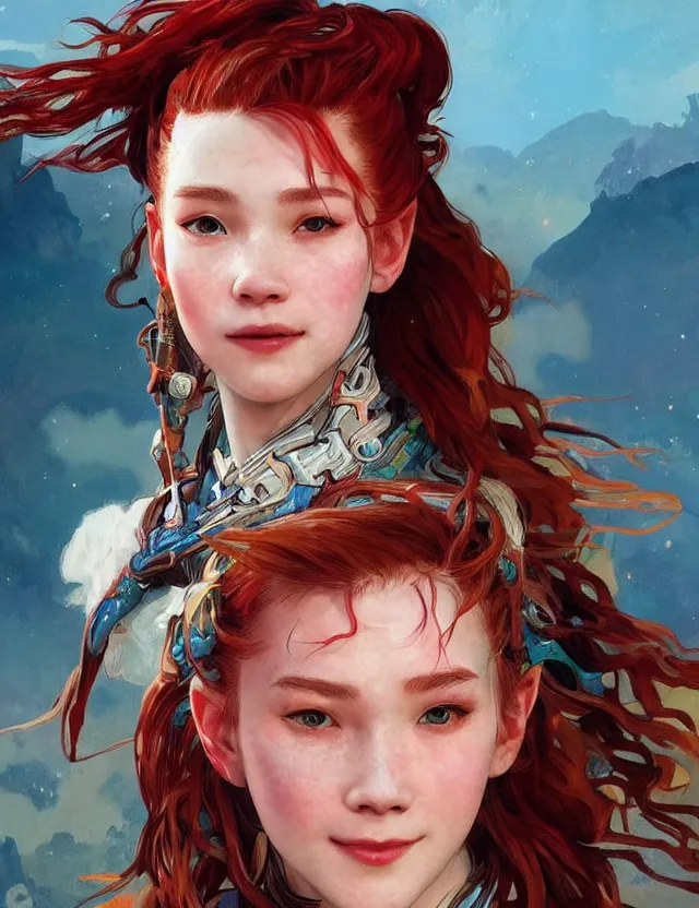 Prompt: beautiful portrait of aloy from horizon zero dawn, long bright red hair and pale skin, grinning happily, trending on artstation, bright colors, by wlop, by kan liu, by alphonse mucha, by geoffrey chan, art nouveau