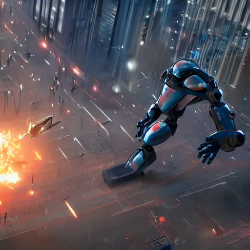 Prompt: a six meter tall robot fighting in a city, action scene screenshot, futuristic concept art, cgsociety, epic scale - n 9