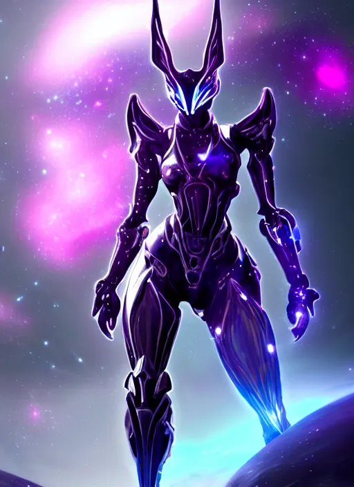 Prompt: detailed cinematic shot, cosmic sized perfectly proportioned stunning beautiful hot female warframe, detailed mecha female dragon head, metal ears purple eyes, sleek silver armor, fuschia leds, floating in empty space, nebula sized, holding a planet, epic proportions, epic size, epic scale, furry art, dragon art, giantess art, warframe fanart, furaffinity, deviantart